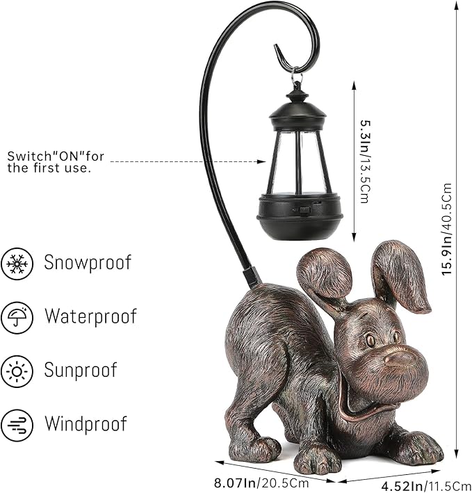 Laughing Dog Figurine with Solar-Powered LED Light 15.9 Inches Tall Antique Bronze, Perfect for Gift Garden Decor or Housewarming for Dog Lovers