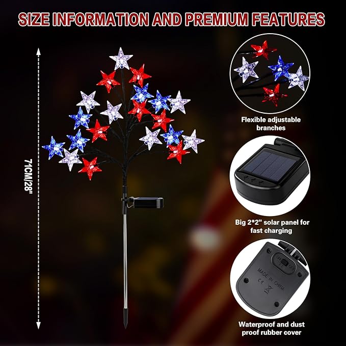 Solar 4th of July Stake Lights, Red White and Blue Lights Outdoor Decorations, Led Patriotic Lights Battery Operated for Memorial Day, July 4th, Veterans Day Outside Decor (2 Individual Pack)