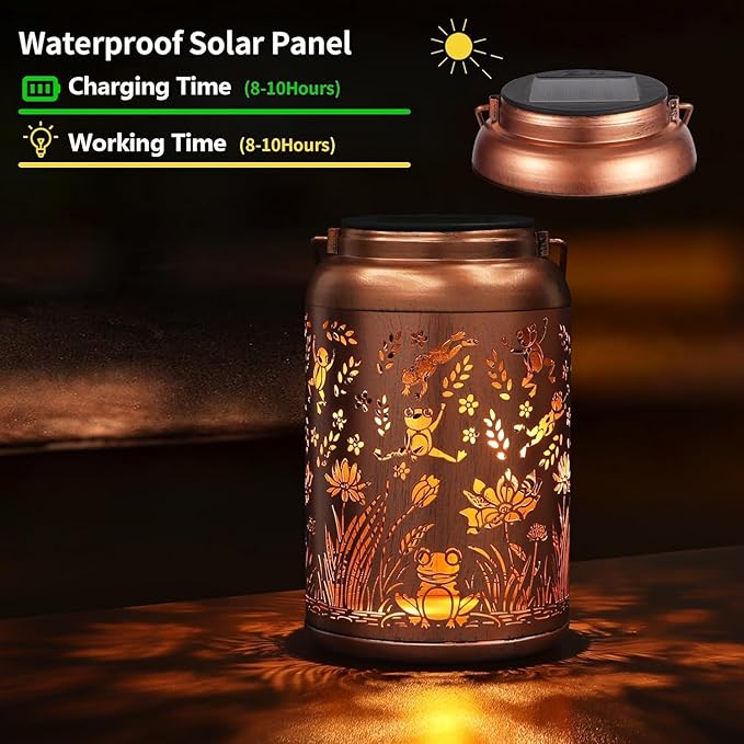 2 Pack Solar Lanterns Outdoor Waterproof, Frog Garden Decor Gifts for Women Mom Grandma Hanging Solar Lights Metal Solar Decoration Outside for Yard, Patio, Lawn, Pathway, Landscape