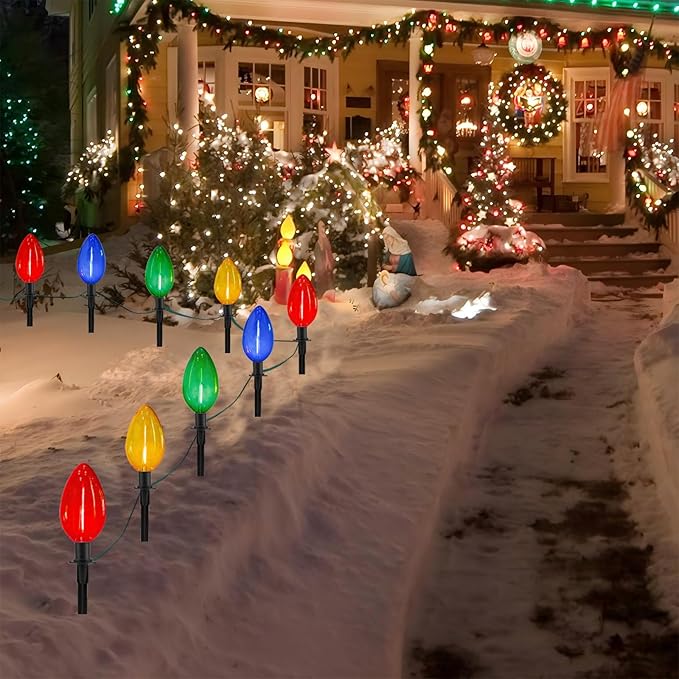 Jumbo C9 Christmas Pathway Lights Outdoor - 2 Pack Total 14 FT 8 LED C9 Giant Clear Multicolor Christmas Walkway Lights for Lawn Holiday Yard Garden Driveway Xmas Decorations