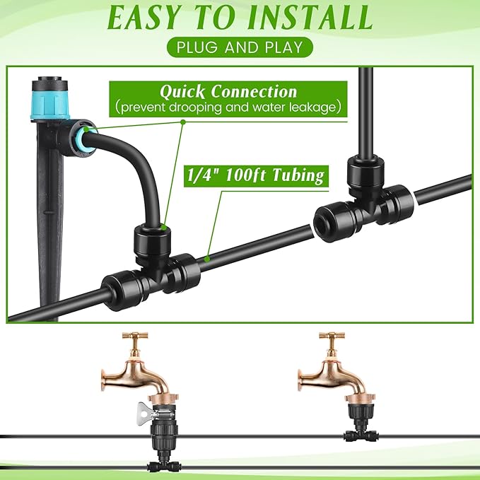 100ft Drip Irrigation Kits, Connect Automatic Irrigation System, Irrigation System with 1/4 Inch Tubing and Tee 2 Way Connector, Irrigation Sprinkler System for Yard Lawn Patio Greenhouse