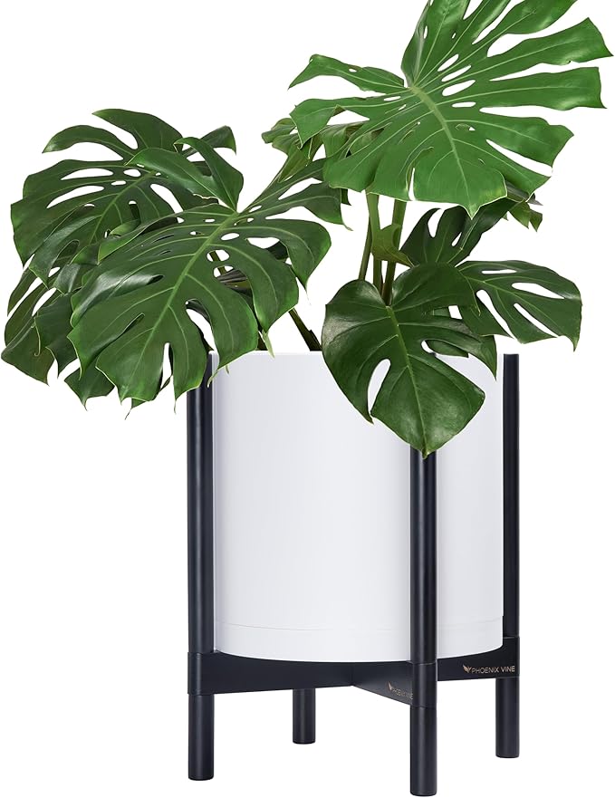 D'vine Dev Planter Pot with Stand - 14 Inch Plastic Cylinder Flower Pot with Wood Planter Holder for Indoor, Matte White Pot + Ebony Stand, 55-C-T-1