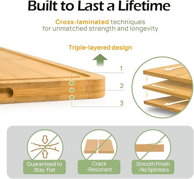 Chopping Board Duo 2-Pcs Natural Bamboo With Juice Channels & Knife-Friendly Finish For Versatile Kitchen Use, Ideal Charcuterie & Chopping Multi-Use