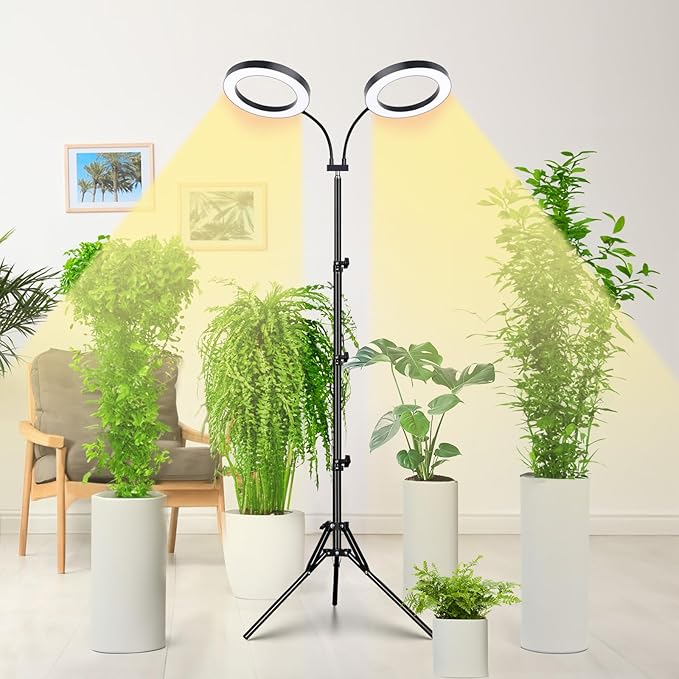 LORDEM Grow Light for Indoor Plants, Dual-Head Plant Light for Plants Growing, Full Spectrum Growth Lamp with Auto Timer for 4/8/12H, 4 Dimmable Levels, 144 LEDs, Height Adjustable Stand 24.4"- 67"