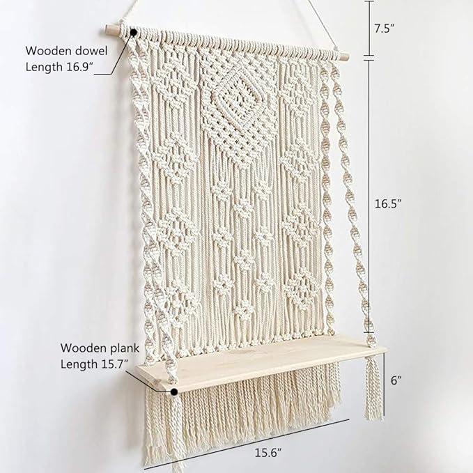 AMIAEDU Macrame Wall Hanging Shelf, Handmade Indoor Boho Pot Basket Hanger Holder, Rope Plant Hanger for Wall Decor (White)