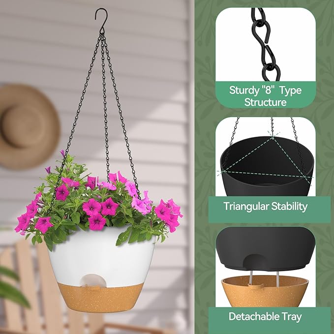 ZMTECH 12 Inch Hanging Planters for Indoor Outdoor Plants, 2 Pack Self Watering Hanging Plant Pots with Drainage Hole, Visual Reservoir, Plastic Flower Hanging Pots with Watering Lip (White)