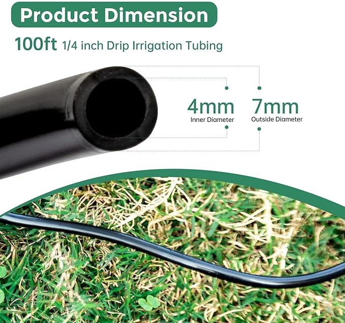 100FT 1/4 inch Drip Irrigation Tubing Distribution Hose Tube for Garden Irrigation System (Includes 1 pack 6-Way Connector and 20pcs 1/4" Tee Splitters and End Plugs)
