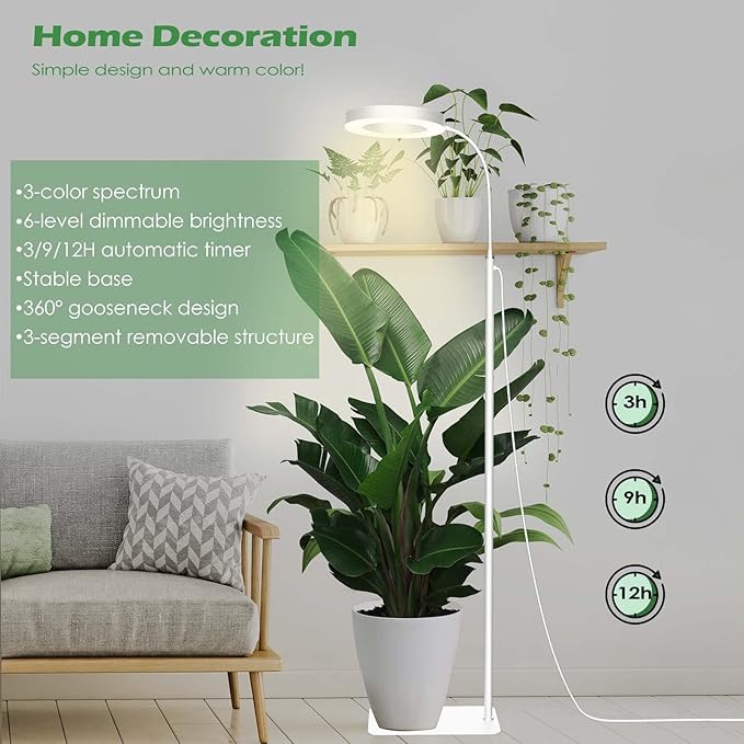 Grow Light, LED Floor Grow Lights for Indoor Plants, Full Spectrum Plant Growing Lamp for Large Plants, Auto ON/Off Timer, 6 Dimmable Levels, 3 Switch Mode, 63 inches Adjustable Height, White