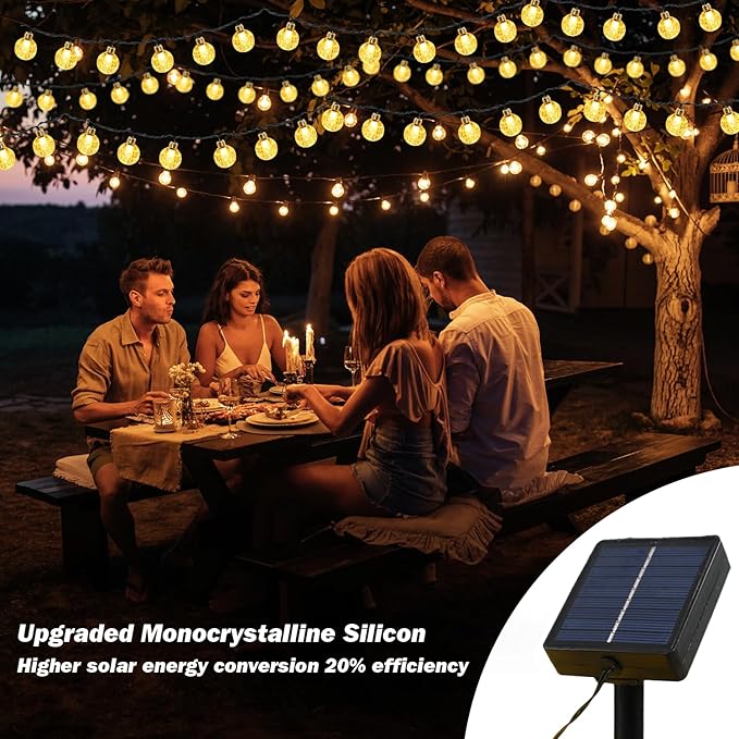 Solar Lights Outdoor Waterproof, 2 Pack Total 200LED 110FT Solar String Lights for Outside w/ 8 Modes, Outdoor String Lights Crystal Globe Patio Lights for Garden Yard Party Decor(Warm White)