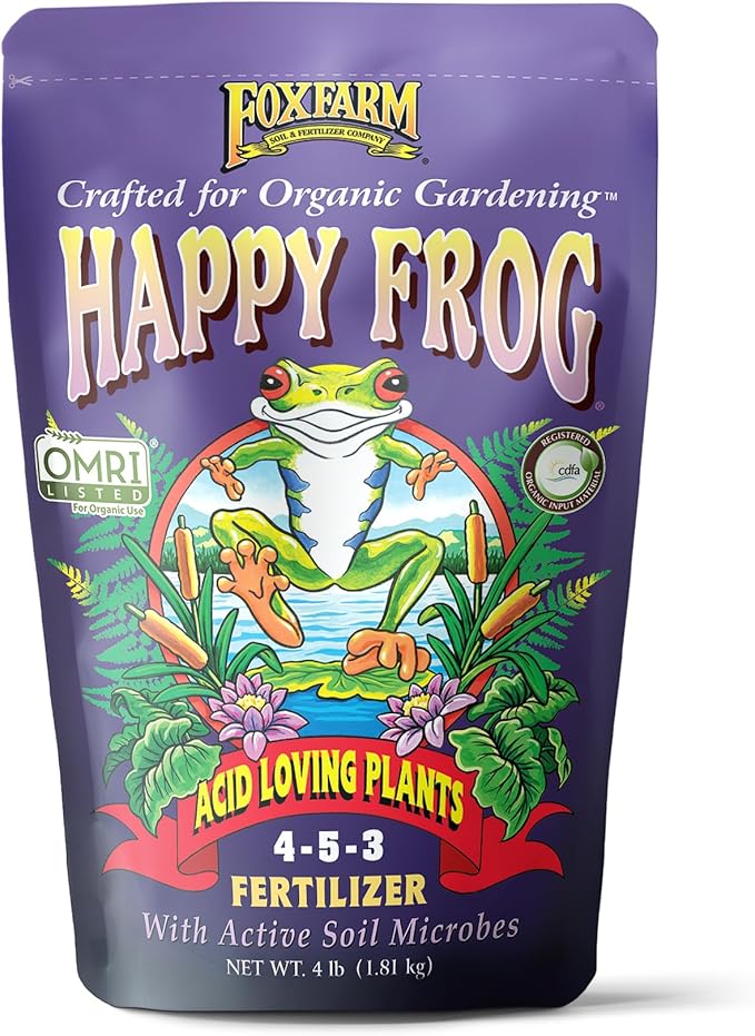 FoxFarm Happy Frog Acid Loving Plant Fertilizer, Slow-Release Fertilizer for Rhododendrons, Azaleas, Hydrangeas, Blueberries, Strawberries & More NPK 4-5-3 (4 lb)