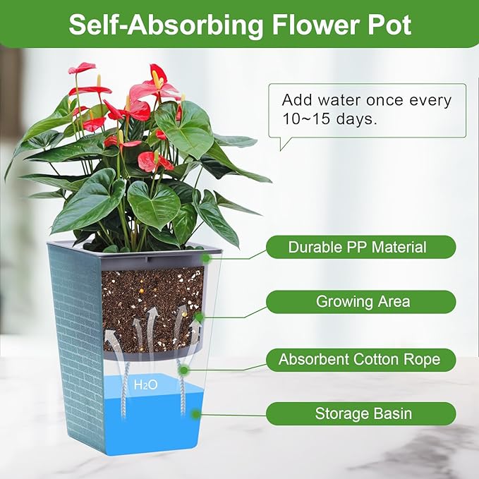 Self Watering Planter 4 Pieces 6 Inch, Plastic Flower Pots with Inner Pot Indoor Plants Brick Pattern Flowerpot for Indoor Plants, African Violets, Flowers, Herbs