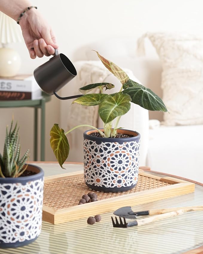 2 Pack Ceramic Flower Pots for Indoor Plants, 5 Inch Boho Plant Pot with Drainage Holes,Modern Planter for Decorative Succulents/Snake Plant/Orchid/Peace Lily/House Plants(Blue)