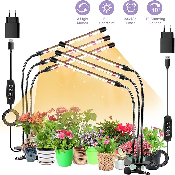 3head Plant Lights, 2Pack Grow Lights for Seed Starting, Full Spectrum Growing Lamps with Clip for Indoor Plants, Auto ON & Off Timer 3/9/12H, 3 Switch Modes, 10-Level Dimmable Brightness