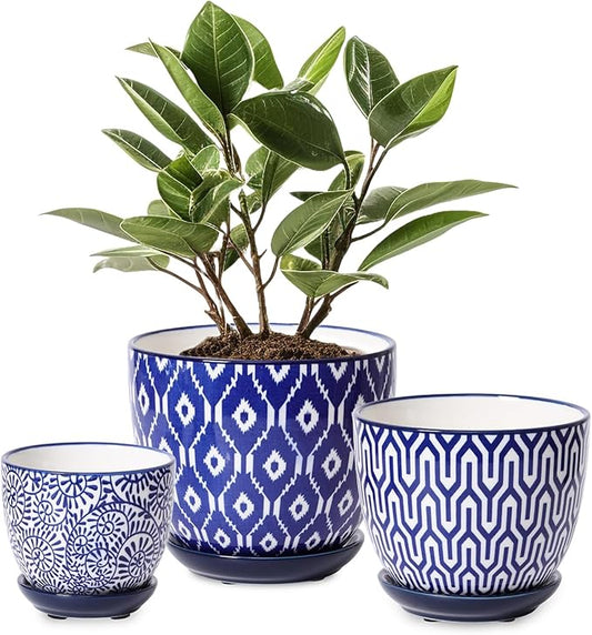 Selamica Ceramic Plant Pots, Indoor Flower Pots for Indoor Plants, 3.5+4.6+5.5 Planters with Drainage Hole & Saucer, Set of 3, Home Decor, Vintage Blue