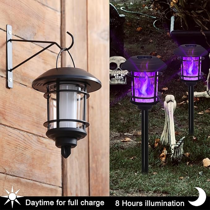 Dynaming 6 Pack Solar Flame Torch Lights Outdoor, Dual Use Flickering Purple Flame Garden Light, Hanging Lantern, Auto On/Off & Waterproof Halloween Lighting for Lawn Patio Yard Walkway Driveway