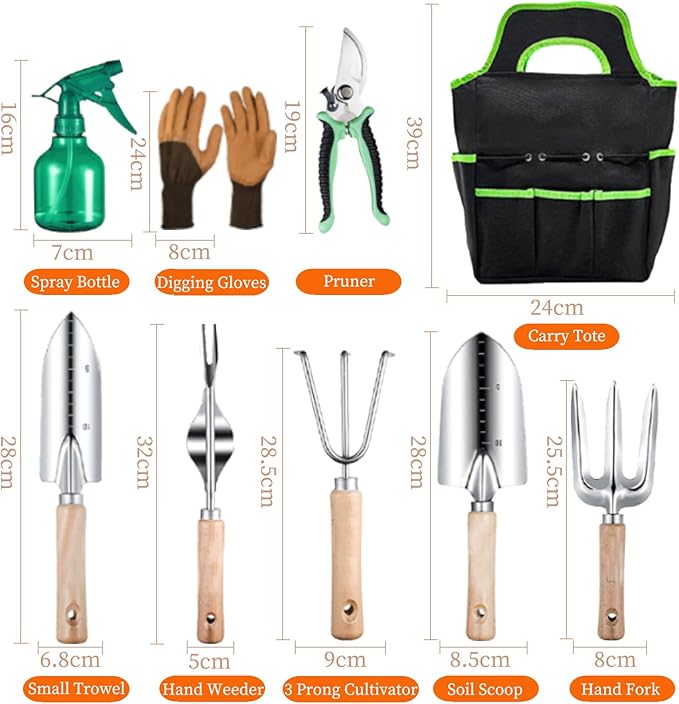 Garden Tools Set, 9PCS Heavy Duty Gardening Tools with Storage Garden Tote Bag, Rust-Proof Stainless Steel Garden Supplies Hand Tools with Wood Handles, Ideal Garden Gifts for Women Men