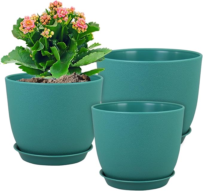 Flower Pots 9/8/7.5 inch, Set of 3 Modern Decorative Plastic Planters with Drainage Holes and Tray for House Plants Indoor Plants, Plant Pots for Indoor Outdoor Plants, Blue Green