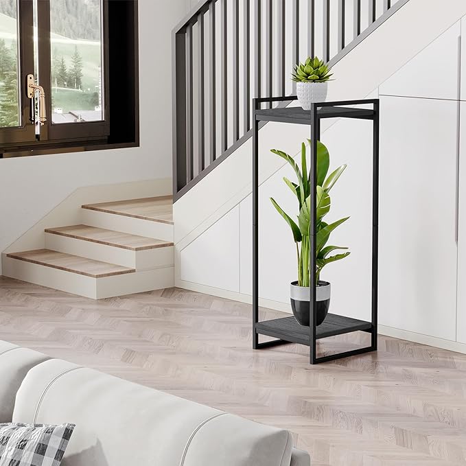 34" Tall Plant Stand Indoor, 2-Tier Modern Plant Shelf Corner Flower Pot Holder Organizer for Living Room Balcony Garden, Black