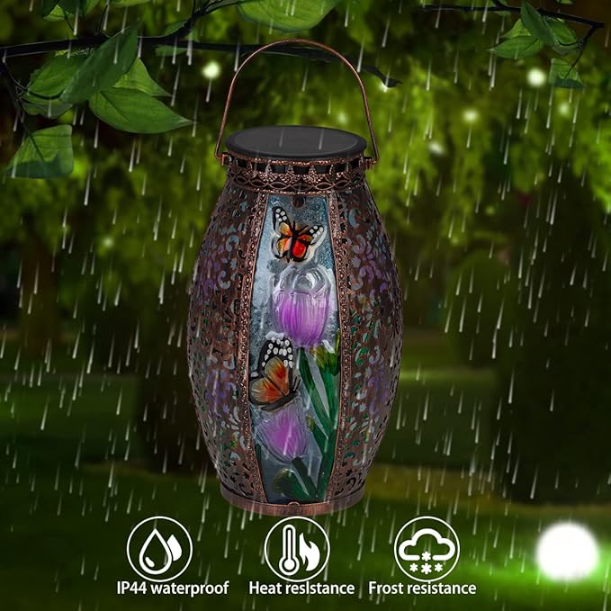 Solar Lanterns Outdoor Hanging Light - Solar Powered LED Butterfly Glass Lights Decorative Waterproof Tabletop Lampwith Hollowed-Out Design for Indoor Yard Table Patio Garden Pathway Holiday