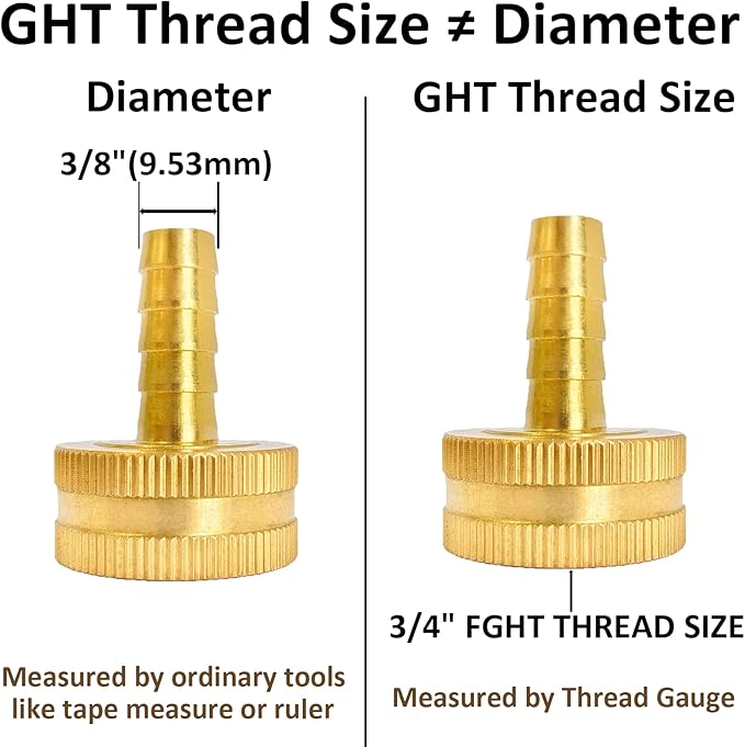 3/8" Barb x 3/4" Female GHT Thread Solid Brass Water Hose End Repair Connector, Includes Stainless Steel Clamps and gaskets（Pack of 2）