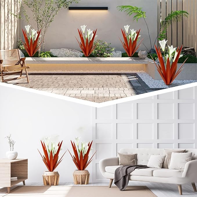 Homight Metal Agave Plant Outdoor Decoration Outdoor Garden Decoration Lily Mexican Yard Art Plant Garden Agave Lily Decorative Garden Gift… (3 Big White Lilies)