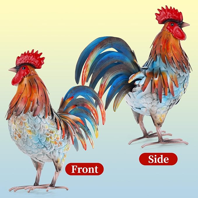 Metal Rooster Decor Garden Statue,Yard Chicken Decorations Outdoor Sculpture for Backyard Patio Kitchen Lawn Ornaments,Birthday Housewarming Gifts for Women Mom
