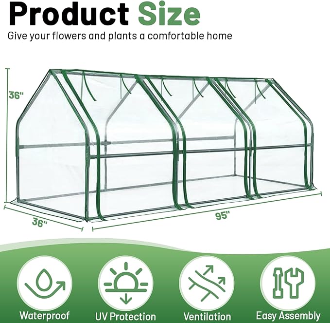 Greengro Mini Greenhouse, 95" x 36" x 36" Portable Greenhouses for Outdoors with Roll-up Zipper Door, Ground Stakes & 20 T-Shaped Plant Tags, Waterproof UV-Resistant Green House for Indoor Outside