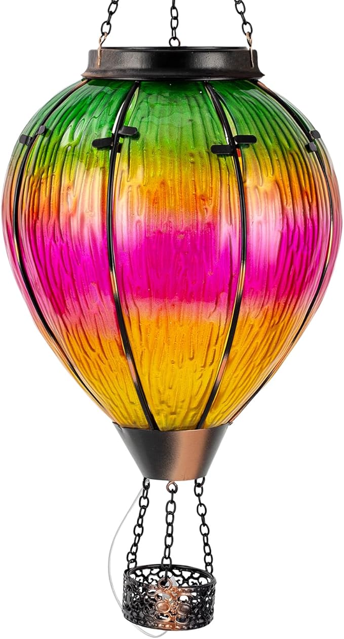 Large Solar Hot Air Balloon Lantern with Flame, Colorful Glass Hanging Balloon Lanterns Outdoor Waterproof Garden Decor for Yard Patio, Birthday Mother's Day Gifts for Women Mom