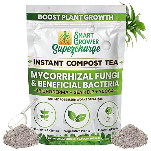 Mycorrhizal Fungi with Beneficial Bacteria, Trichoderma, Sea Kelp, Molasses, Yucca, Smart Grower Supercharge Plant Root Enhancer 4oz Super Concentrate Powder Makes 50 Gallons