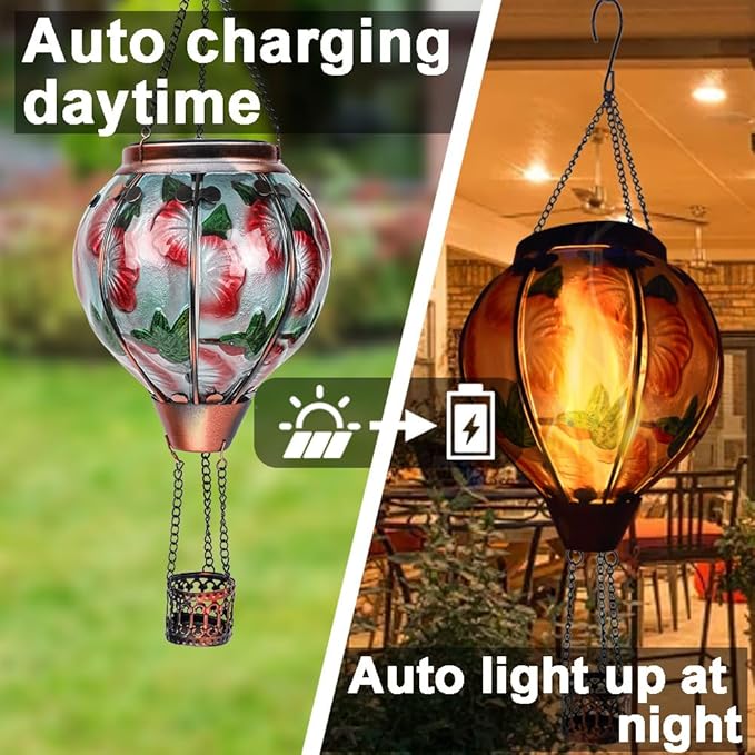 2PC Hot Air Balloon Solar Lantern with 2PC Shepherd Hook, Flickering Flame Hanging Solar Lanterns Outdoor Lights Waterproof Lanterns for Garden Patio Yard Party Decor (Hummingbirds & Flowers)