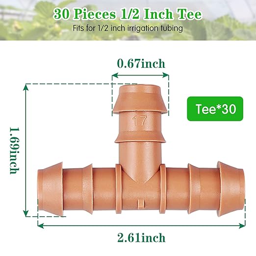 Drip Irrigation Barbed Tee：30 Pack Drip Irrigation Tee Parts Fits for 1/2 Inch Drip Irrigation Tubing 17mm 0.600" ID Tee Connectors for Patio Lawn Garden