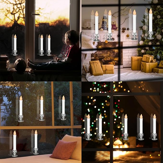 DRomance 9" Flameless Window Taper Candles Battery Operated with 8-Key Remote and Timer, 4 Pack White Christmas Holdiay Window Candles with Silver Holders, Suction Cups and AA Batteries Included