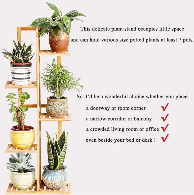 Bamboo 5 Tier 6 Potted Plant Stand Rack Multiple Flower Pot Holder Shelf Indoor Outdoor Planter Display Shelving Unit for Patio Garden Corner Balcony Living Room