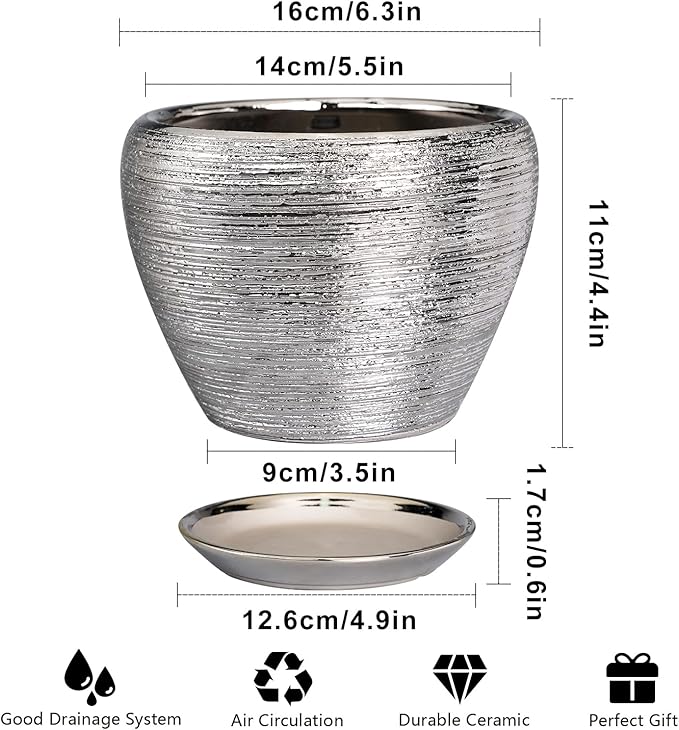 Ceramic Planter - 6 Inch Plant Pot Indoor with Drainage Hole and Saucer Outdoor Pot for Plants Round Decorative Planter Modern Mid-Century Flower Pot for Office Decor Silver