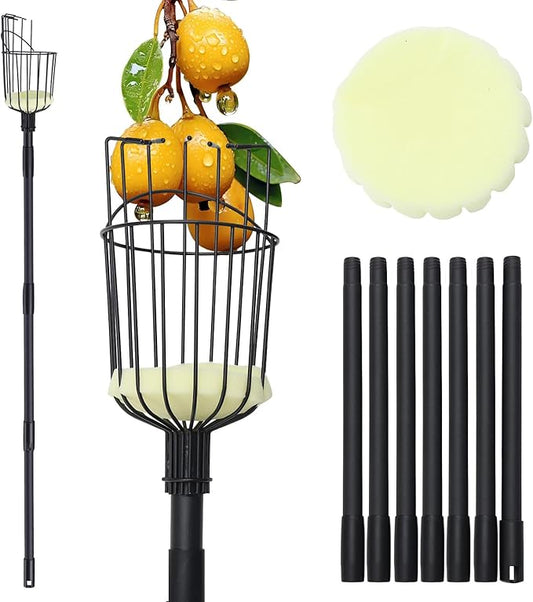 Fruit Picker Pole with Basket - 8.43FT(101Inch) Adjustable Tree Gardening Supplies with Stainless Steel Handle Apple Picker Fruit Grabber Reach Tool for Mango Pear Orange Avocados Fruit Picking, Black