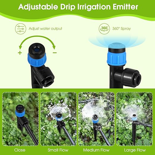30Pcs Drip Irrigation Emitters Fan Shape with Stake for 1/4 inch Irrigation Tube Hose, 360 Degree Water Flow Drippers for House Garden Watering System (Blue)