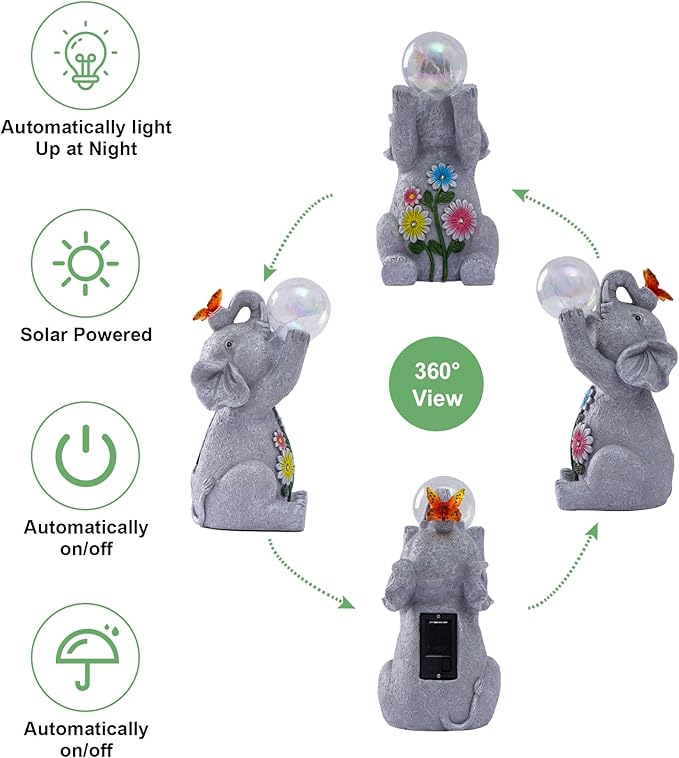 Solar Funny Elephant Statue for Garden: Outdoor Sculptures with Ball Lights and Butterfly Clearance Lawn Ornaments Yard Porch Patio Balcony - Gifts for Mom Grandma