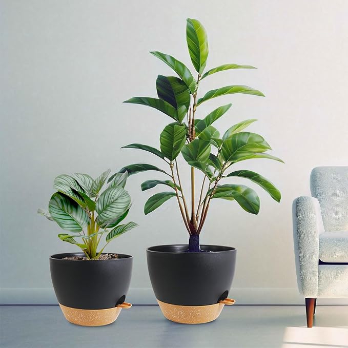 10/9/8 inch Medium Self Watering Pots, Planter, Plant Pots with Mesh Drainage Holes for Indoor Outdoor Garden Plants, Plastic Flower Pots with Removable Deep Reservoir, Black with Brown