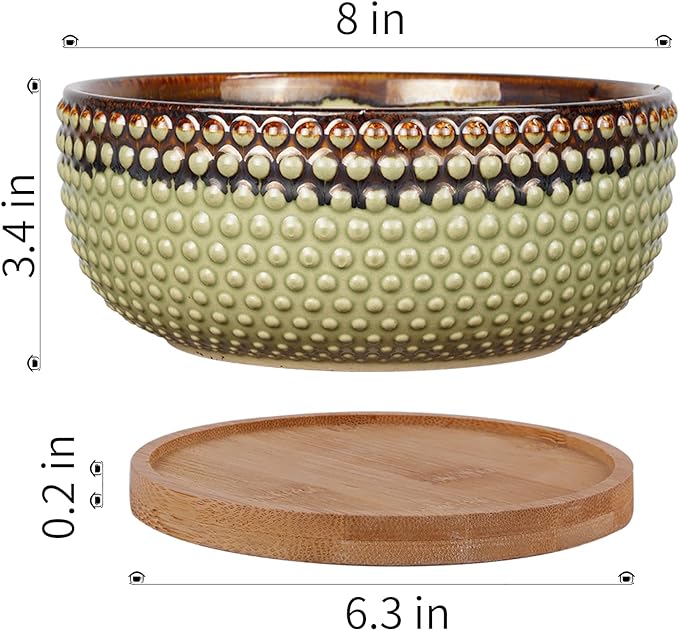 8 Inch Ceramic Succulent Shallow Planter Pot with Drainage Hole and Saucer Beaded Stoneware Planter for Indoor Plants Green