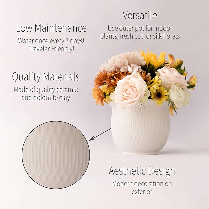 African Violet Pots Self Watering - 7in White Ceramic & Dolomite Clay - Easy & Effortless Planter Pot For Indoor Plants, Herbs, Flowers, Orchids, Succulent - Ideal Gardening Gifts, Plant Not Included