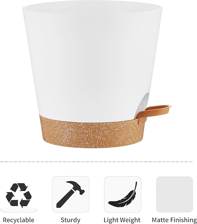 FaithLand 6-Pack White Self Watering Planter Pots for Indoor Outdoor Plants - 8, 7, 6.5, 6, 5.5, 5 Inches Flower Pots