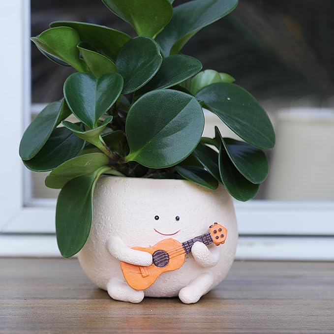 Smily Face Planter Pot with Drainage Hole Cute Resin Head Planters for String of Pearls Plant Live Unique Guitar Succulent Pots for Indoor Outdoor Plants Gift IdeaI for Mother Christmas