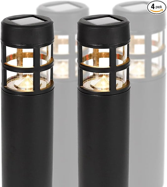 TECHKO Solar Mini-Bollard Cylinder Pathway Lights – 4-Pack, Dusk-to-Dawn, Weather-Resistant Outdoor LED Lighting