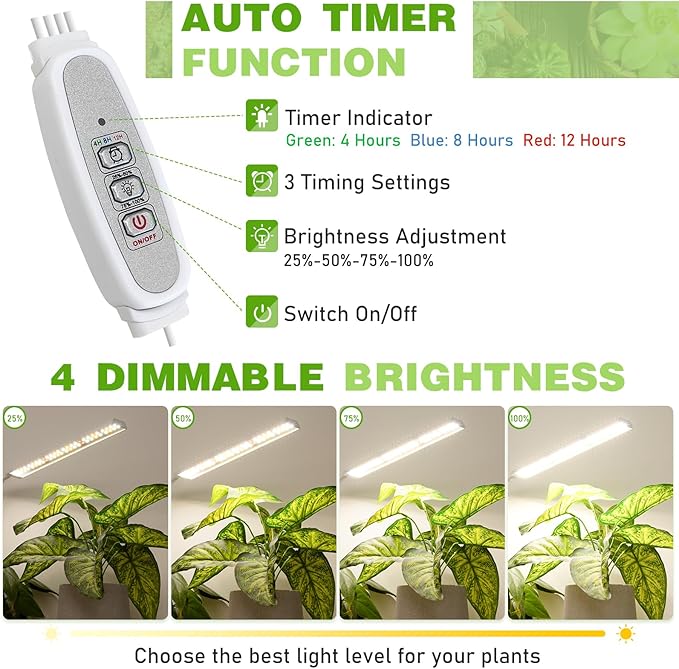 FOXGARDEN® Plant Lights for Indoor Growing, Grow Light Full Spectrum with Timer 4/8/12 H, Four-Head 208 LED Grow Lamp with Flexible Gooseneck & Clamp on Desk, 4 Brightness Levels for Indoor Plants