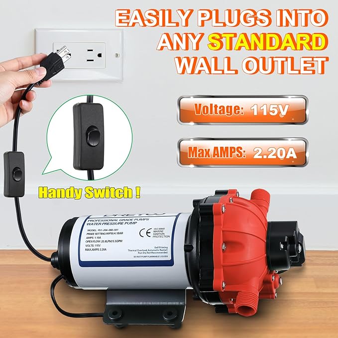 Dreyoo Water Diaphragm Pump, 115V AC, 5.5 GPM, 60 PSI Rated Pressure, 1/2" Threaded MNPT Self Priming Diaphragm Pressure Pump with Pressure Switch for Home, RV, Garden Agricultural Irrigation (Orange)