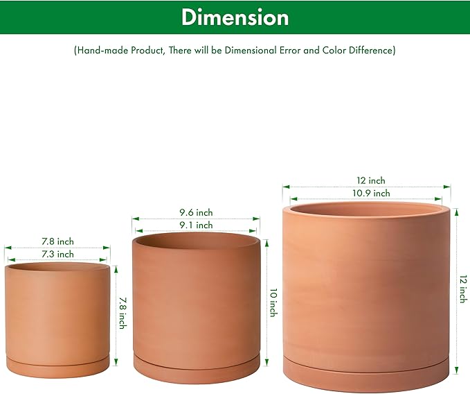 D'vine Dev Terracotta Pots for Plants, 7.8 Inch 9.6 Inch 12 Inch, Round Cylinder Planter Pot with Drainage and Saucer, 40-T-D-0