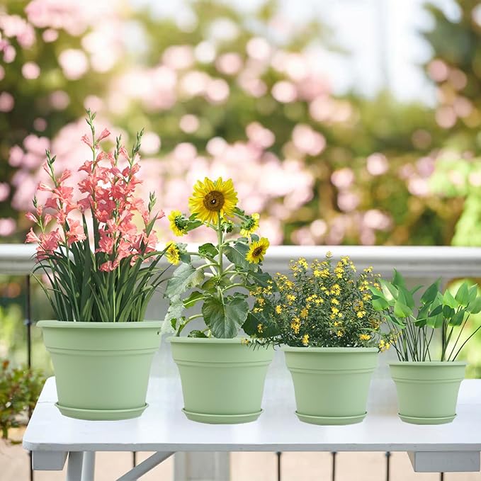 9 Inch Plastic-Flower Pot-for-Indoor Plants, 4 Pack Large Outdoor Planter Pot with Drainage Holes & Saucers, Resin Decorative Garden Pots Planters