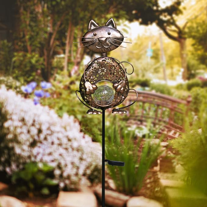 KAIXOXIN Garden Solar Lights Metal Cat Crackle Glass Globe Stake Light Waterproof Warm White LED Solar Path Lights (Cat-Bronze)