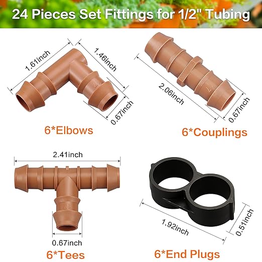 Drip Irrigation Fittings Kit for 1/2 inch Tube (0.600”ID), 24 Pieces Drip Irrigation Parts Set - 6 Tees, 6 Couplings, 6 Elbows, 6 End Caps, Drip Line Connectors for Drip Sprinkler Hose