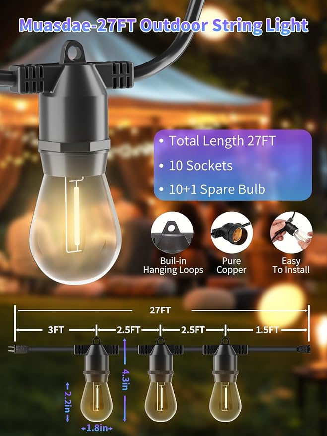 Led String Lights Outdoor 27Feet S14 Patio Light, Edison Shatterproof Bulbs Weatherproof Strand, Commercial Grade Patio Lights, Decorative for Garden or Patio